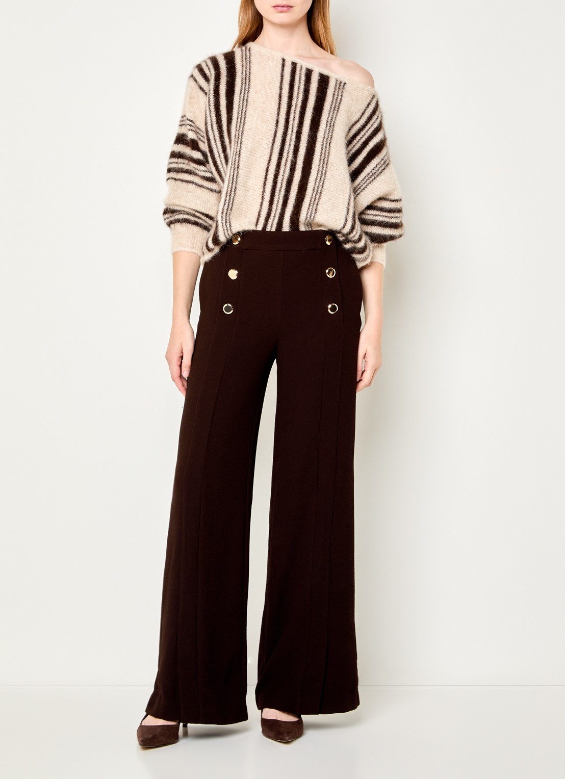 ba&sh Falcon high waist wide fit pantalon met split en sierknopen - voorkant 3 donkerbruin