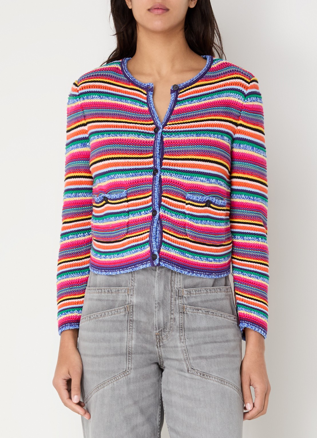 ba&sh Fanny grofgebreid vest met schoudervulling en opgestikte zakken - detail 3 blauw
