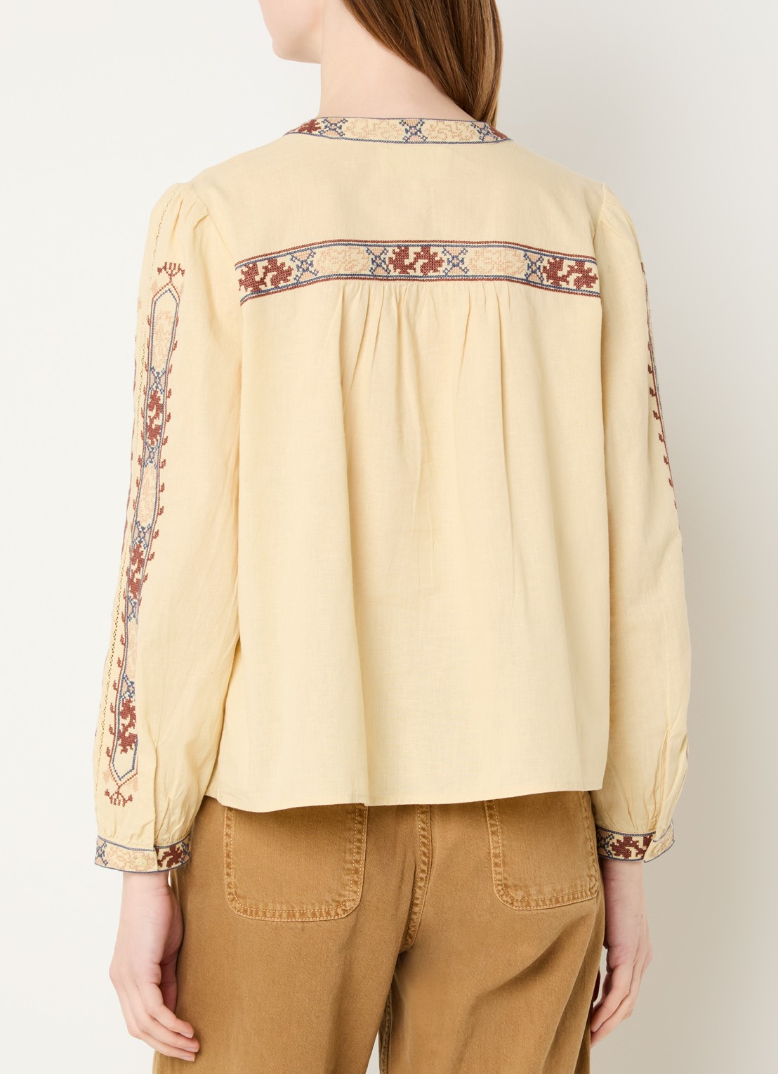 ba&sh Faustina blouse in linnenblend met borduring - achterkant 2 lichtgeel