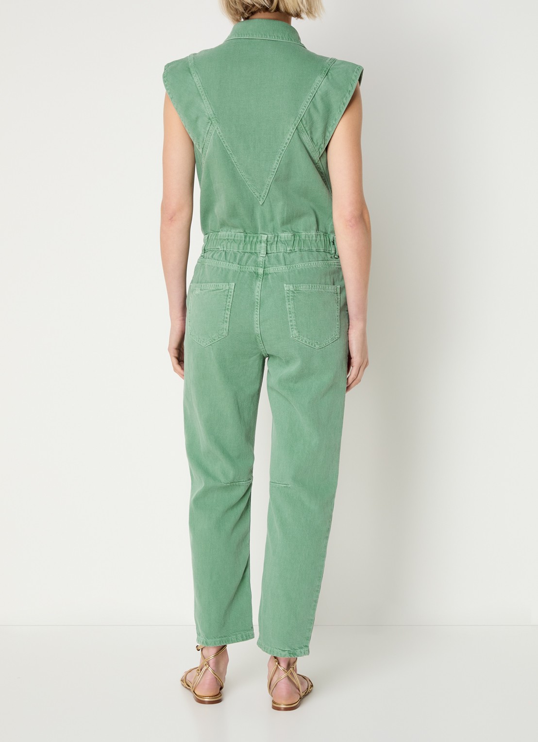 ba&sh Figo straight fit jumpsuit in linnenblend - achterkant 4 donkergroen