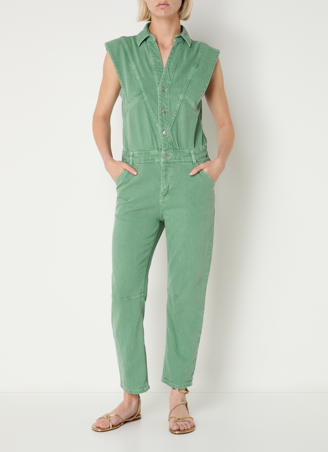 ba&sh Figo straight fit jumpsuit in linnenblend - detail donkergroen