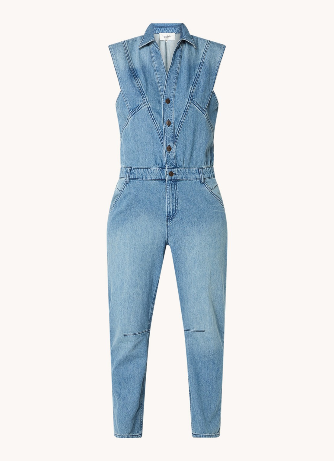 ba&sh Figo straight fit jumpsuit van denim met steekzakken - voorkant 2 indigo