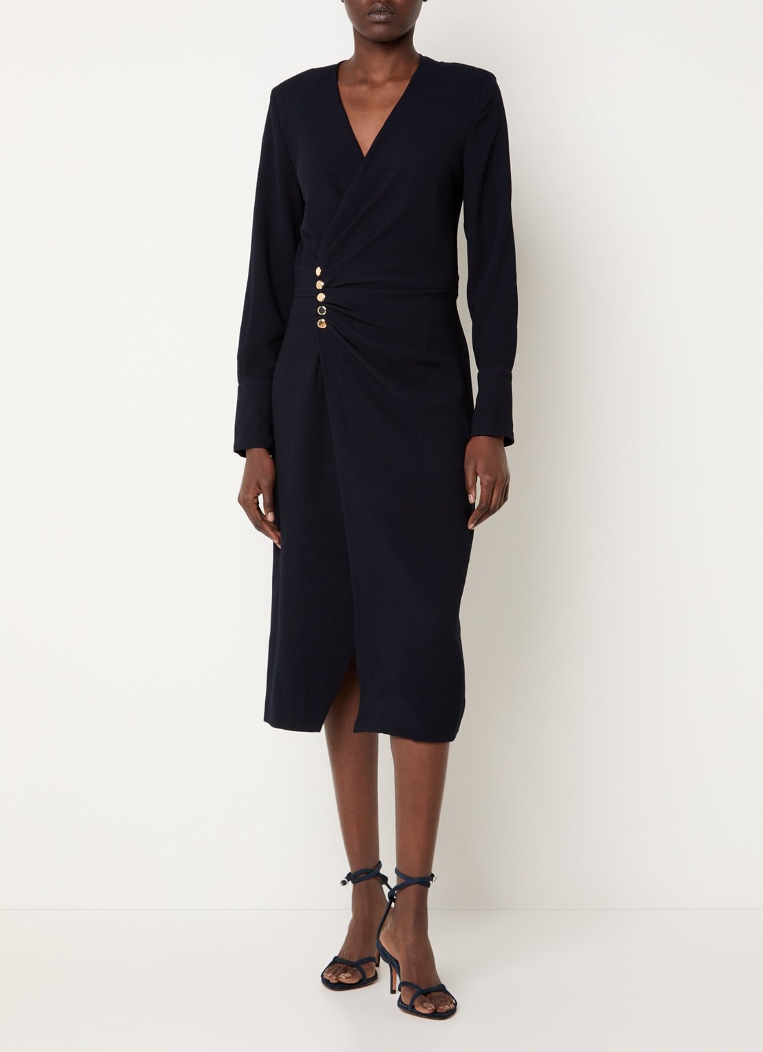 ba&sh Fiji midi jurk met split en V-hals - detail 3 donkerblauw