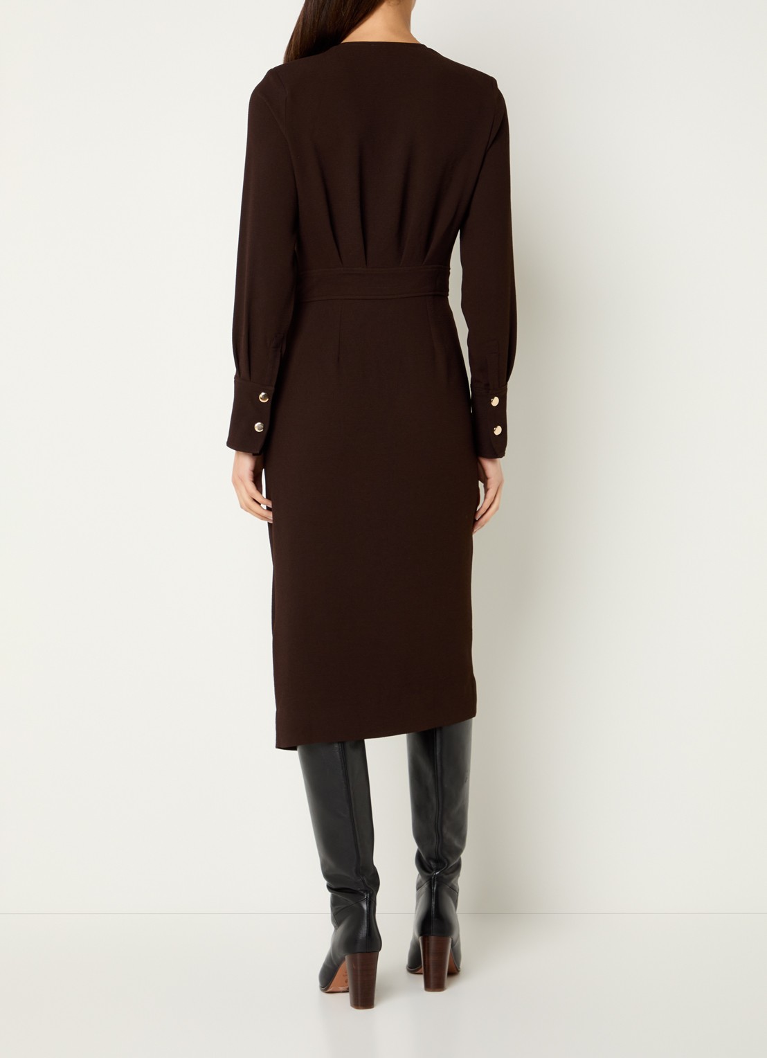 ba&sh Fiji midi jurk met split en V-hals - achterkant 4 donkerbruin