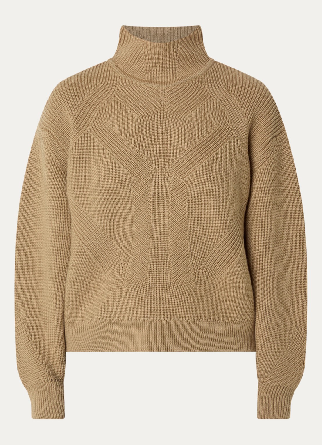 ba&sh Fijngebreide pullover van wol met opstaande kraag - voorkant 2 camel
