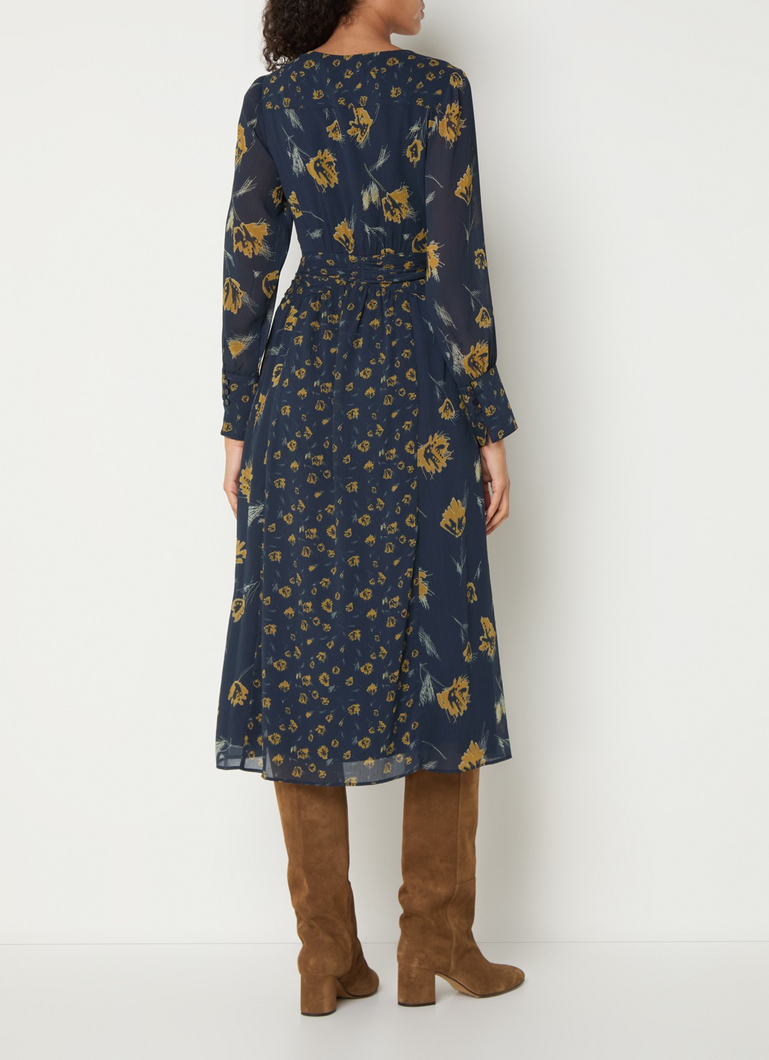 ba&sh Finaya midi tuniekjurk met bloemenprint - achterkant donkerblauw