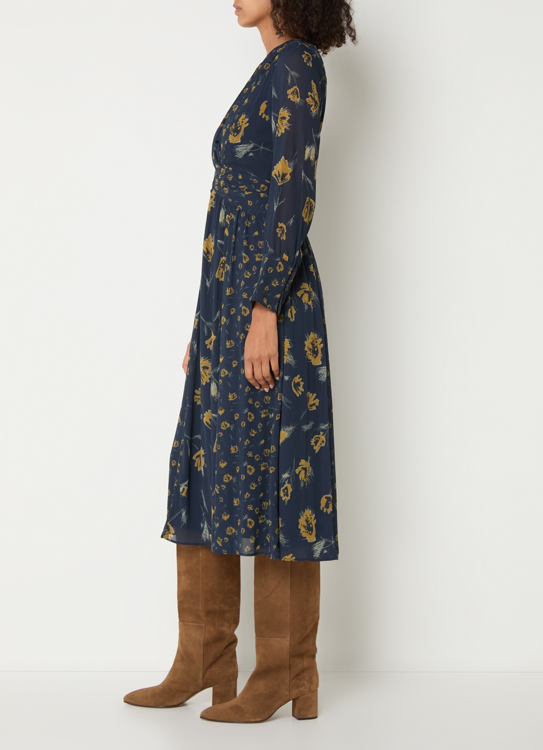 ba&sh Finaya midi tuniekjurk met bloemenprint - voorkant 4 donkerblauw