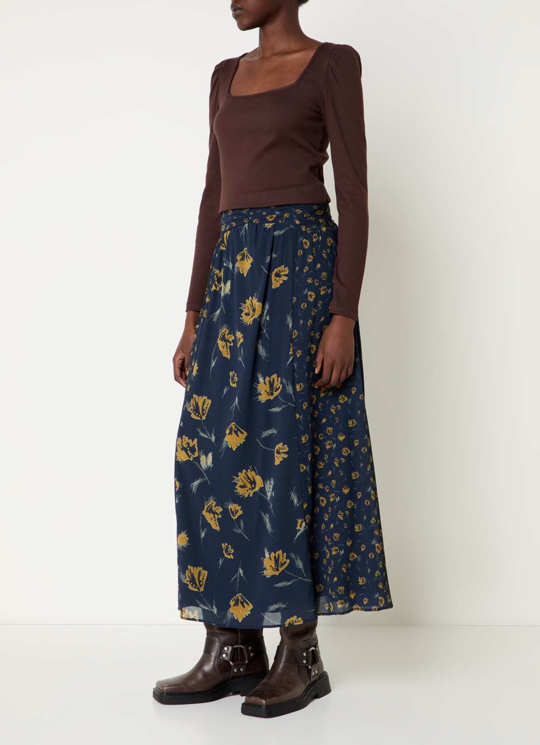 ba&sh Findy midi rok met bloemenprint - voorkant 2 petrol