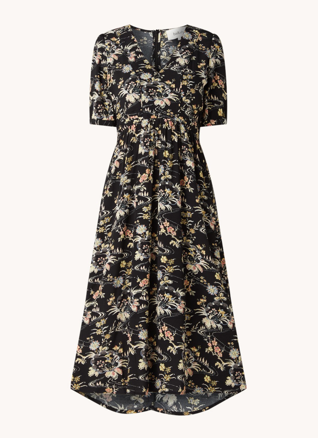 Ba&sh Floe midi jurk met bloemenprint en V-hals  - voorkant zwart