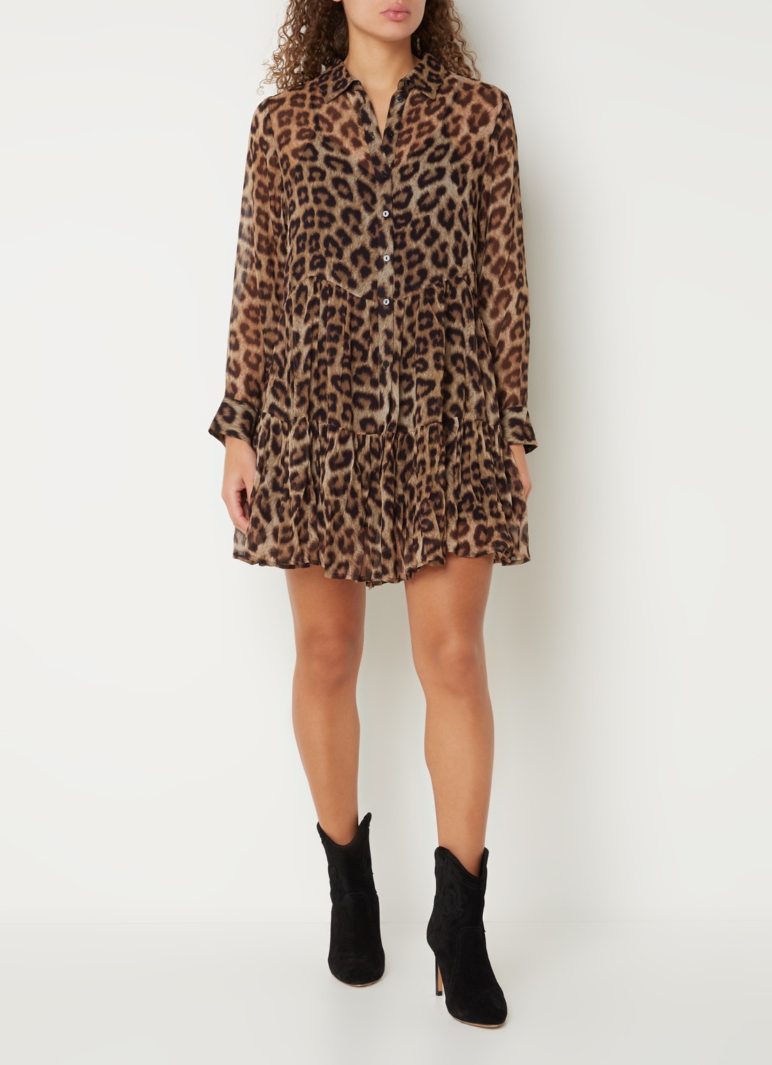 ba&sh Fusion mini blousejurk met panterprint - voorkant 3 camel