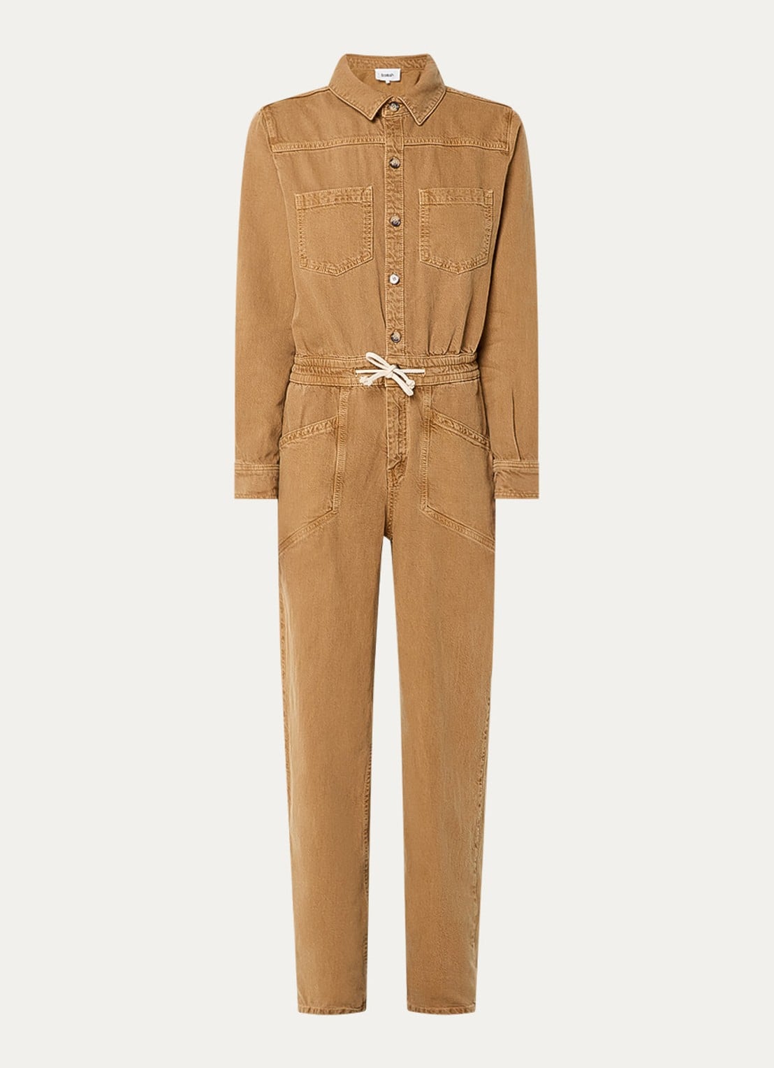 ba&sh Fyorella straight fit jumpsuit in linnenblend met opgestikte zakken - voorkant camel