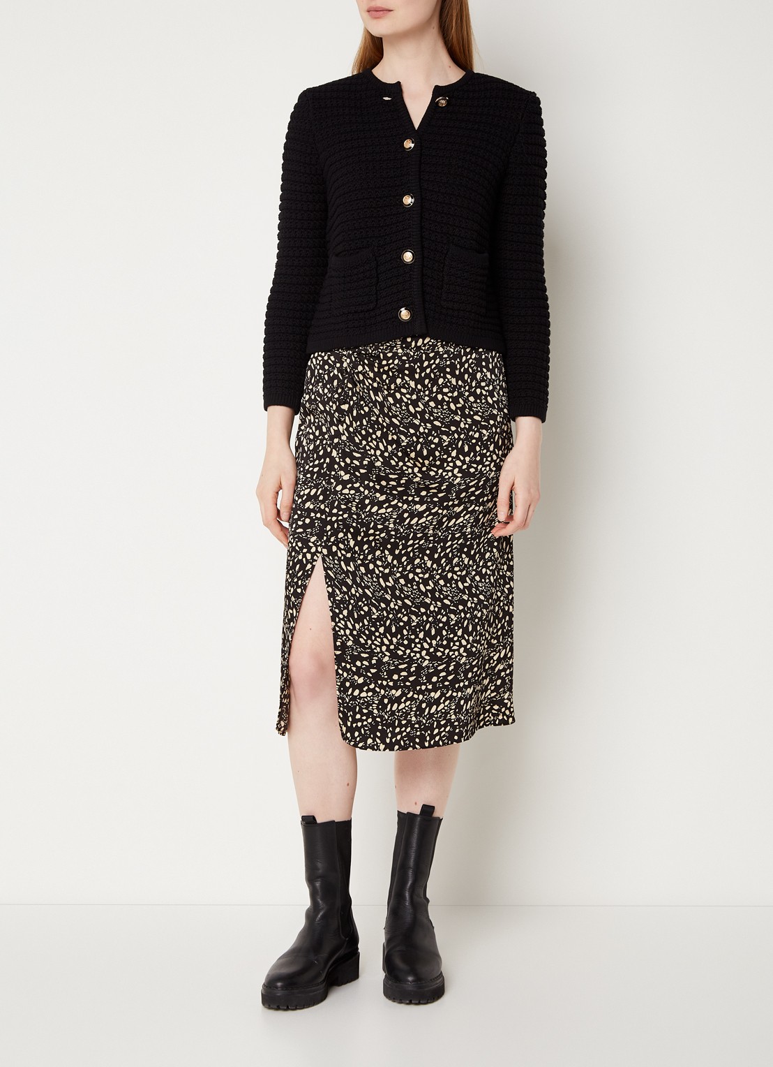 Ba&sh Gaspard grofgebreid cropped vest met schoudervulling - voorkant 2 zwart