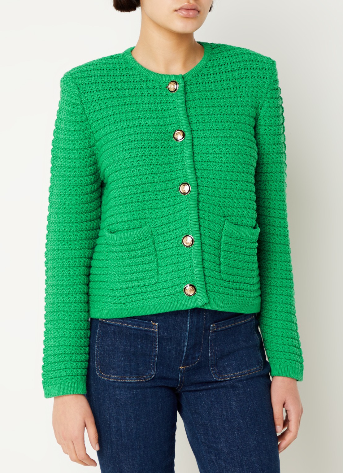 ba&sh Gaspard grofgebreid vest met opgestikte zakken en schoudervulling - detail 4 groen