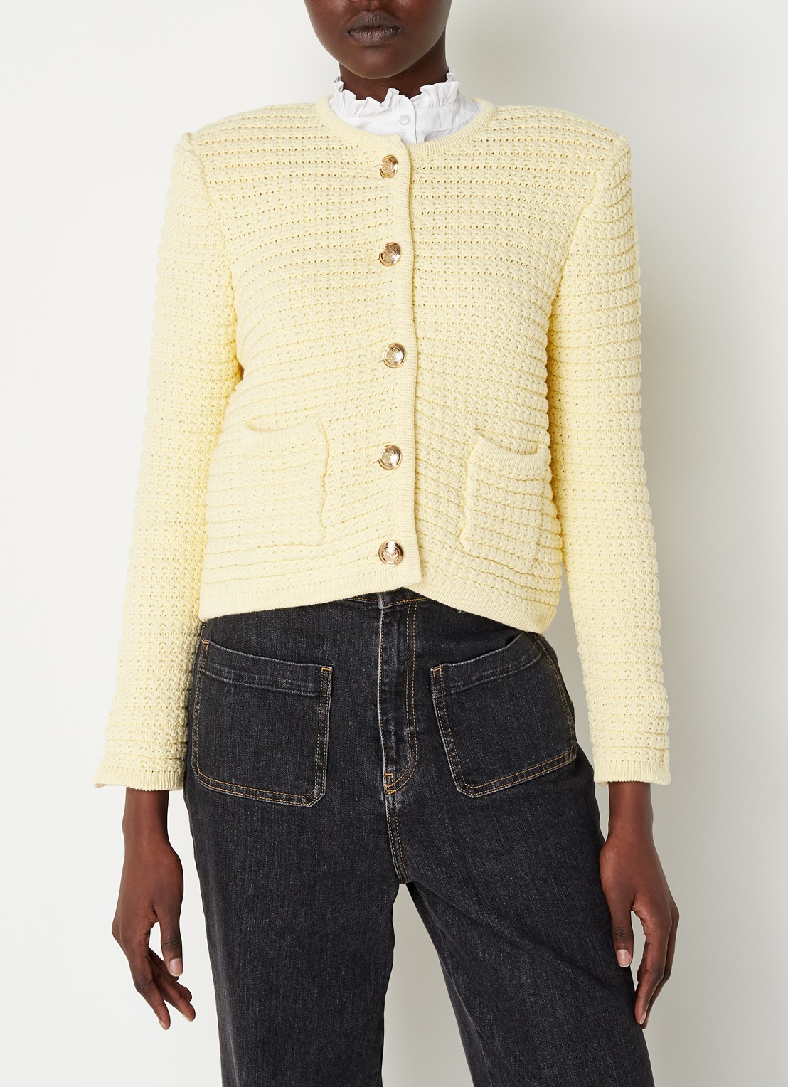 Ba&sh Gaspard grofgebreid vest met schoudervulling en opgestikte zakken - detail 2 abrikoos