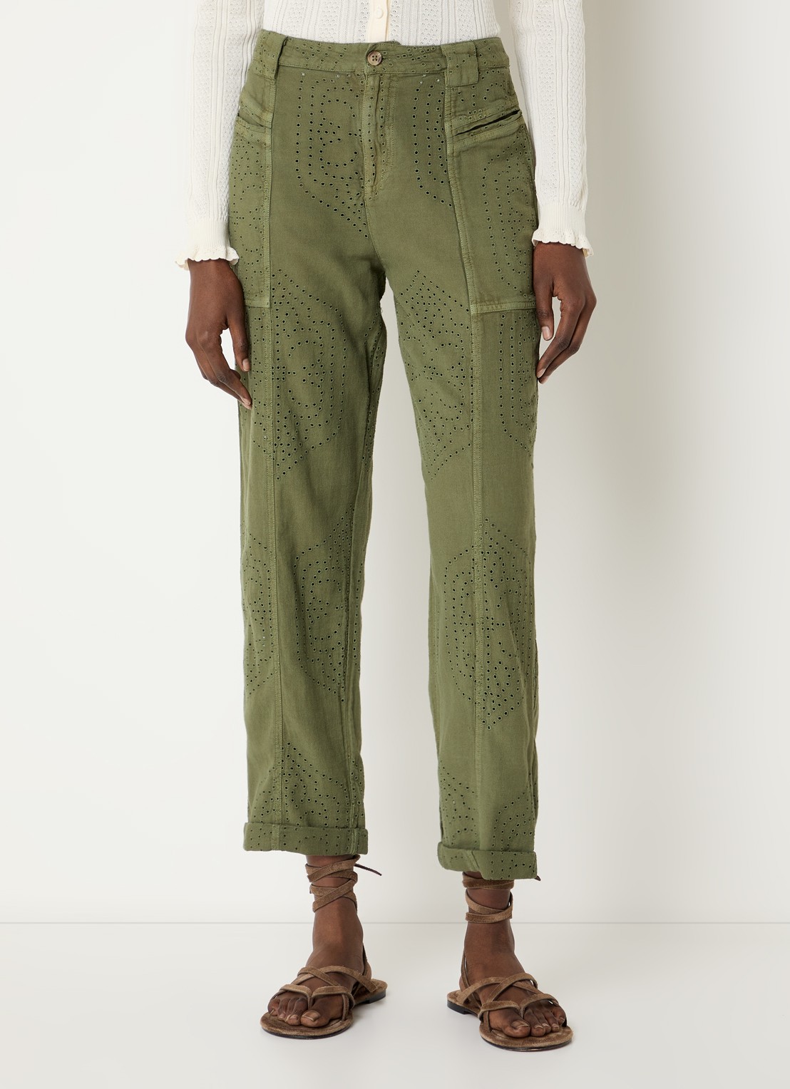ba&sh Giany high waist cropped tapered fit broek met opengewerkt dessin - detail 4 groen