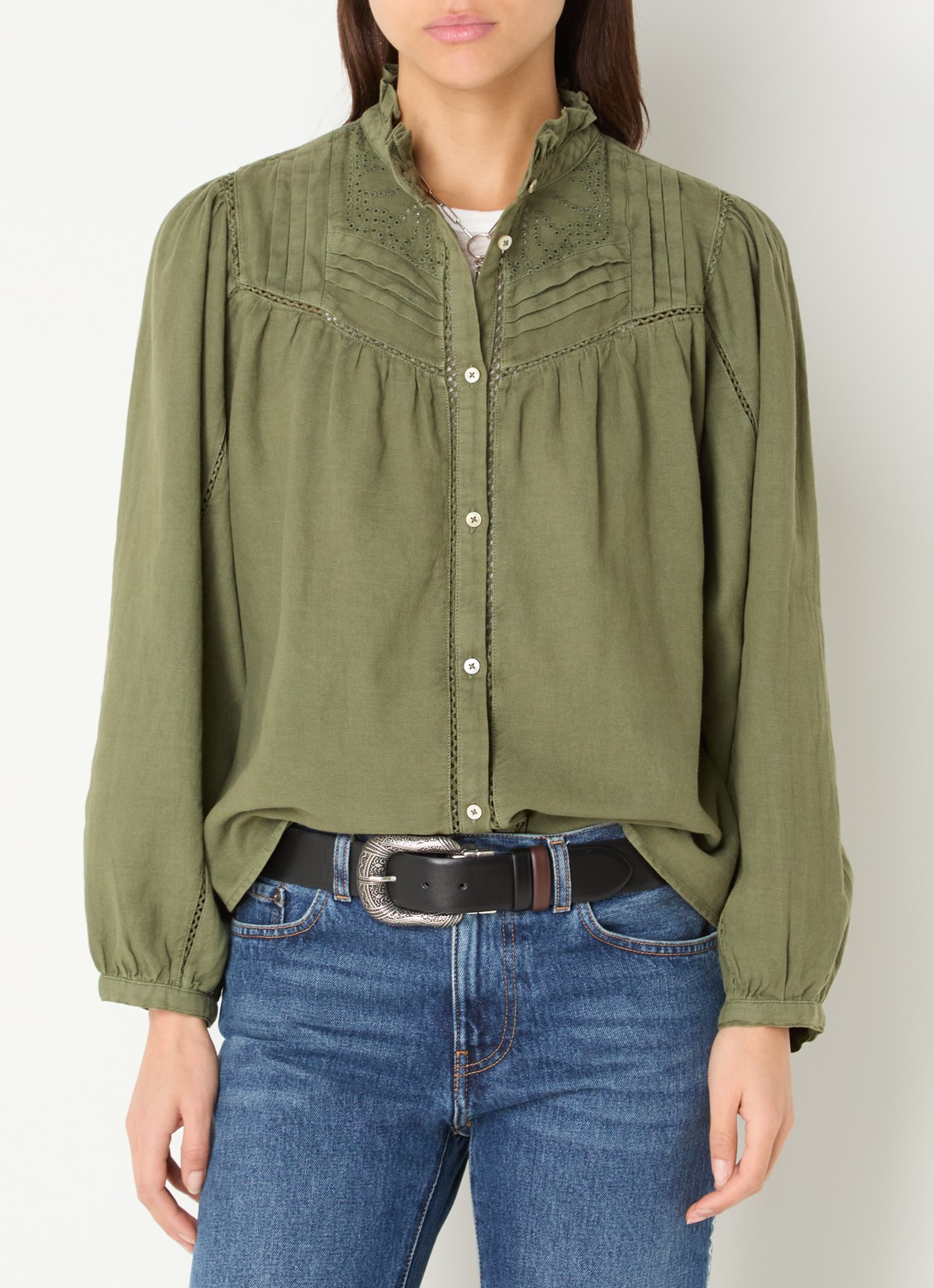 ba&sh Gilda blouse met opengewerkt dessin - detail 4 legergroen
