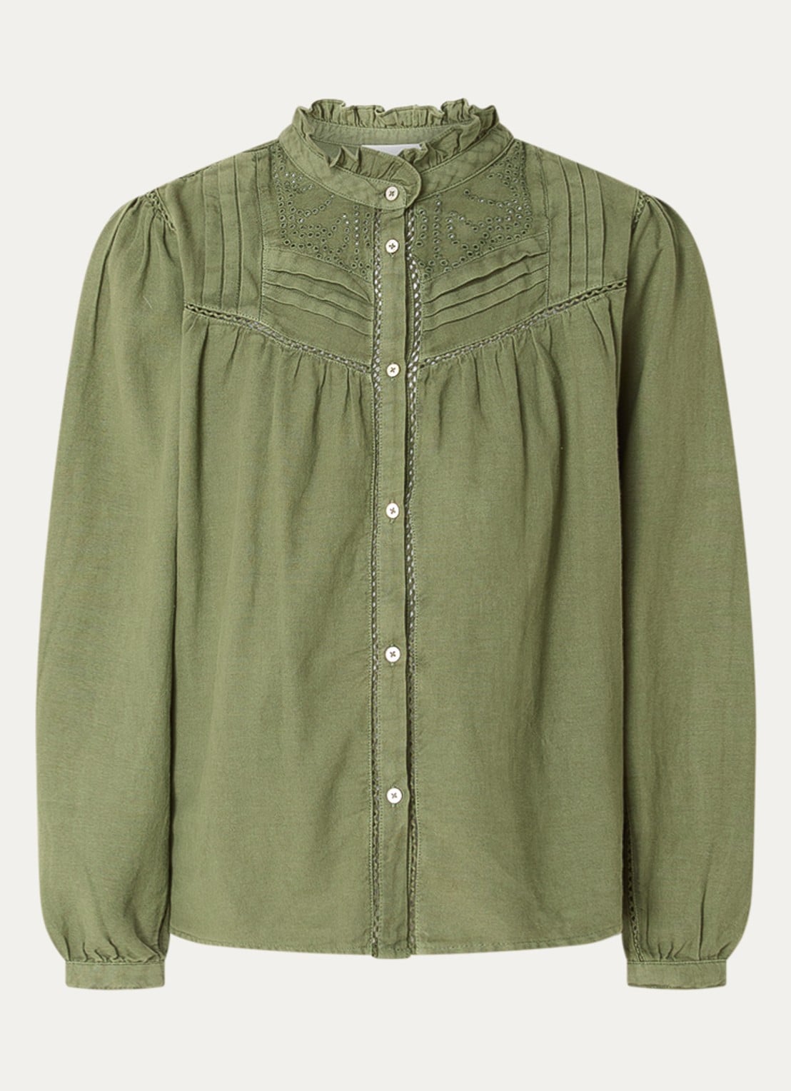 ba&sh Gilda blouse met opengewerkt dessin - voorkant legergroen