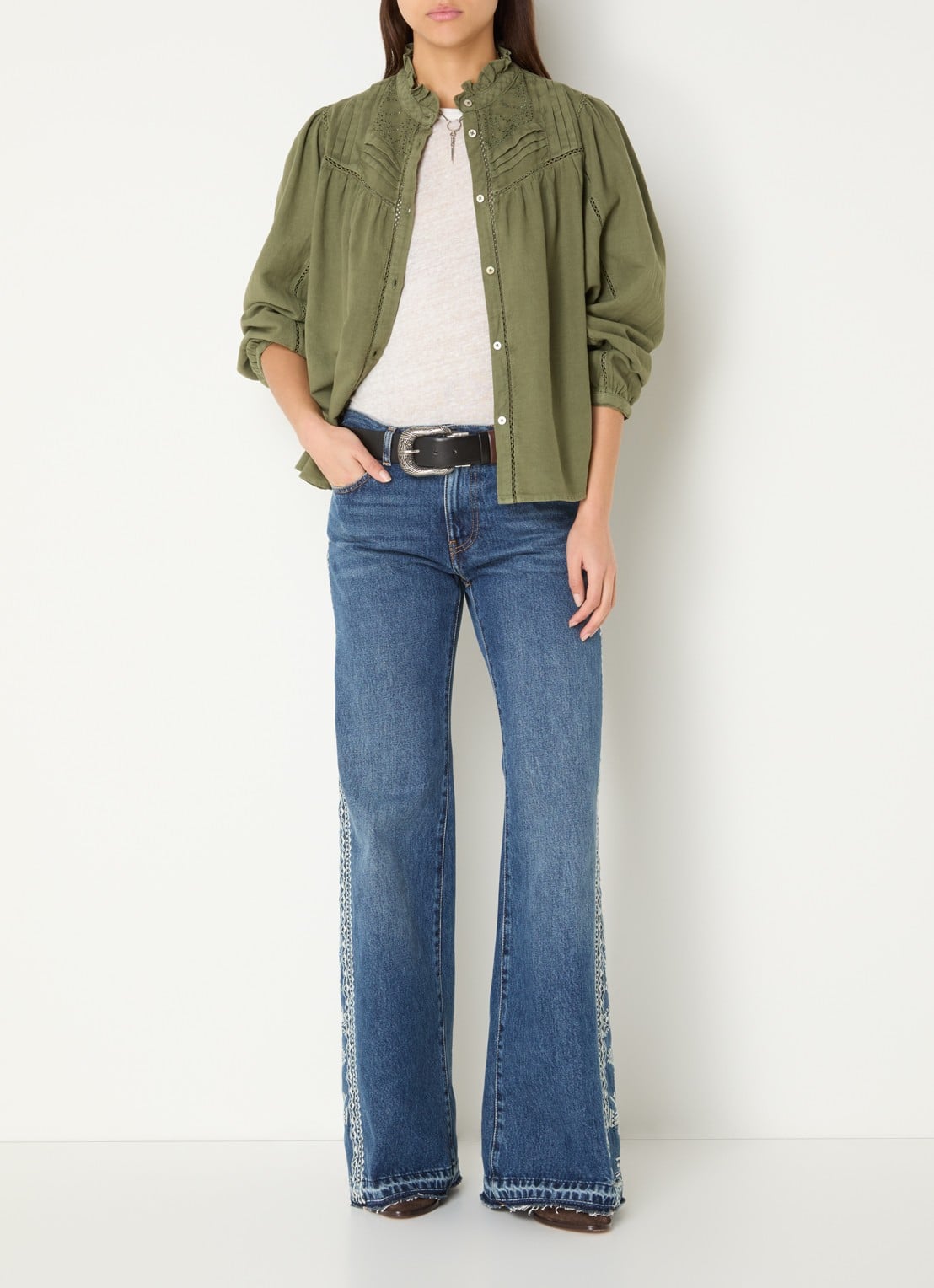 ba&sh Gilda blouse met opengewerkt dessin - voorkant 2 legergroen
