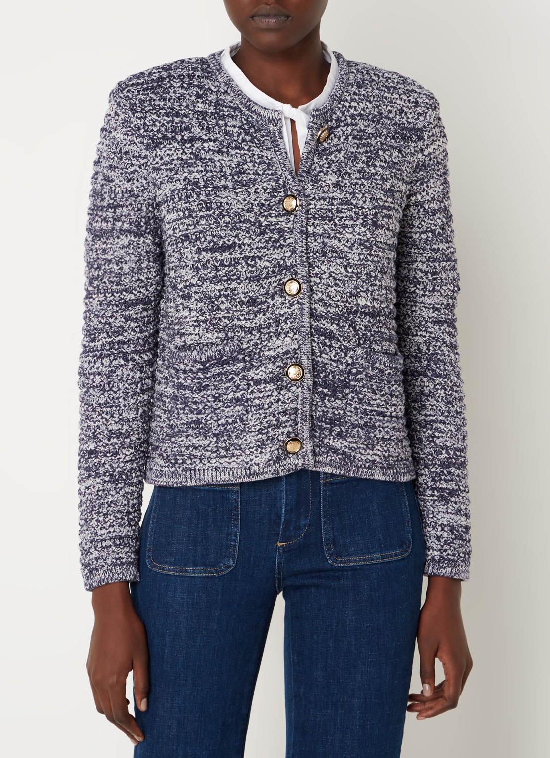 ba&sh Guspa grofgebreid vest met gemêleerd dessin - detail 2 donkerblauw