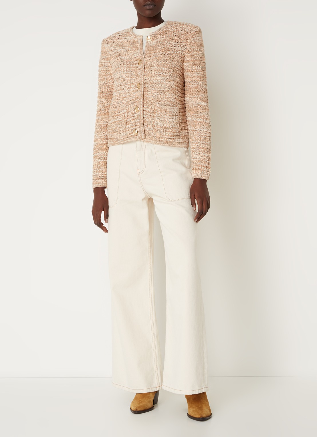 ba&sh Guspa grofgebreid vest met gemêleerd dessin - voorkant 5 beige