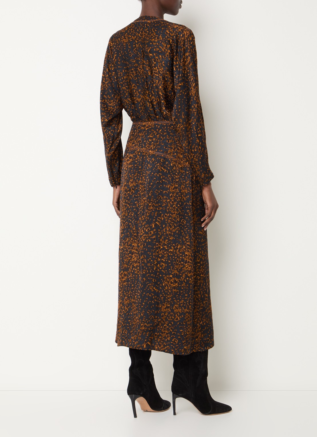 ba&sh Hamy maxi jurk met dierenprint en split - achterkant 3 donkerblauw