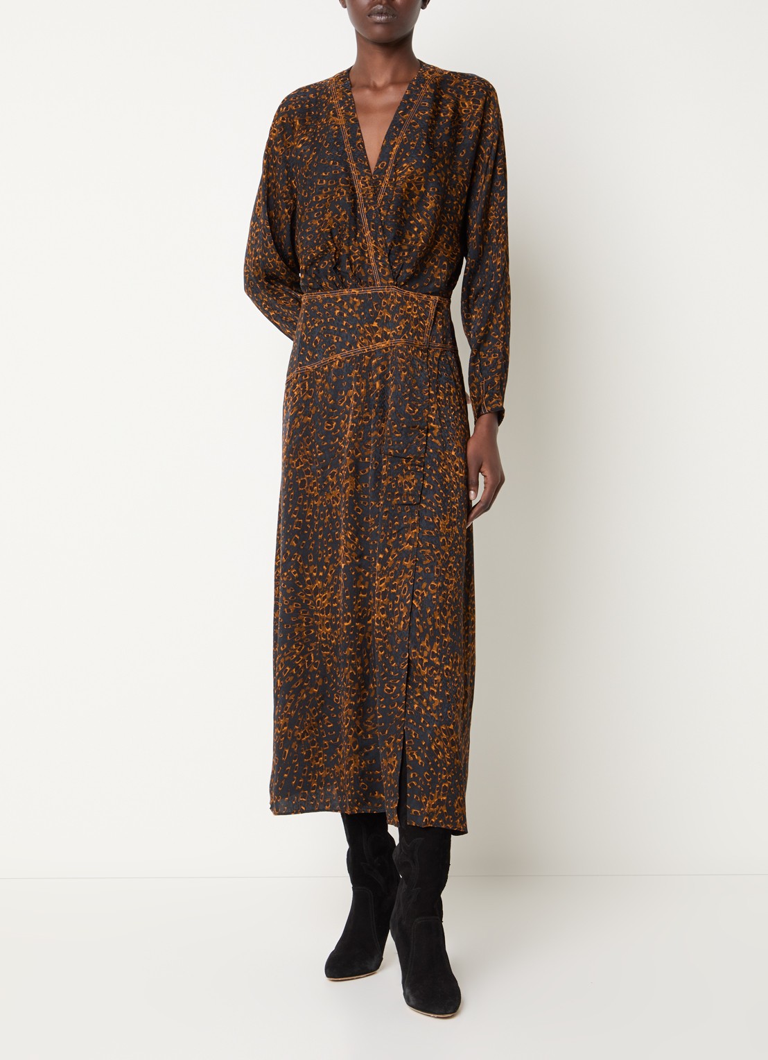 ba&sh Hamy maxi jurk met dierenprint en split - detail donkerblauw