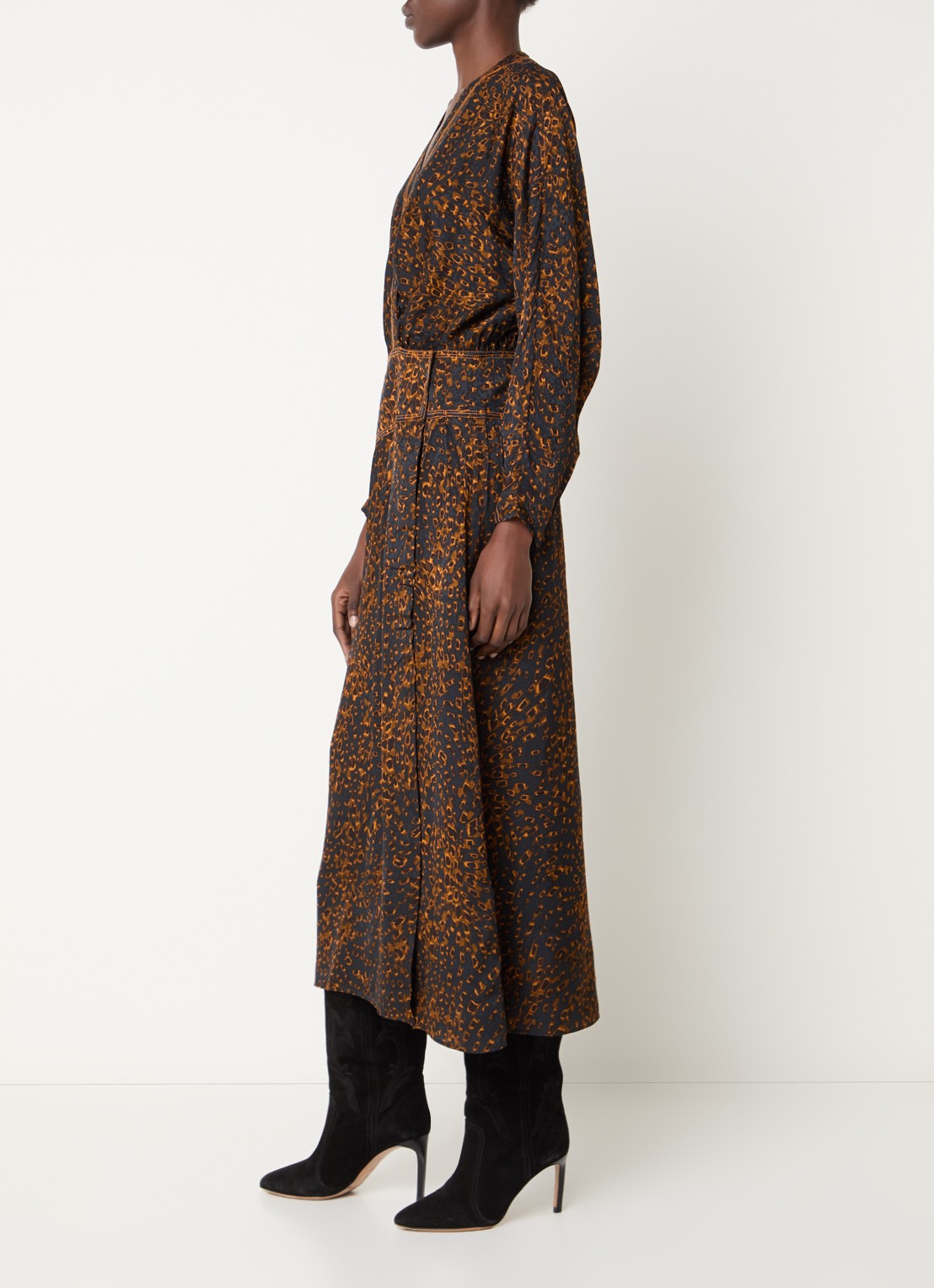 ba&sh Hamy maxi jurk met dierenprint en split - voorkant 2 donkerblauw