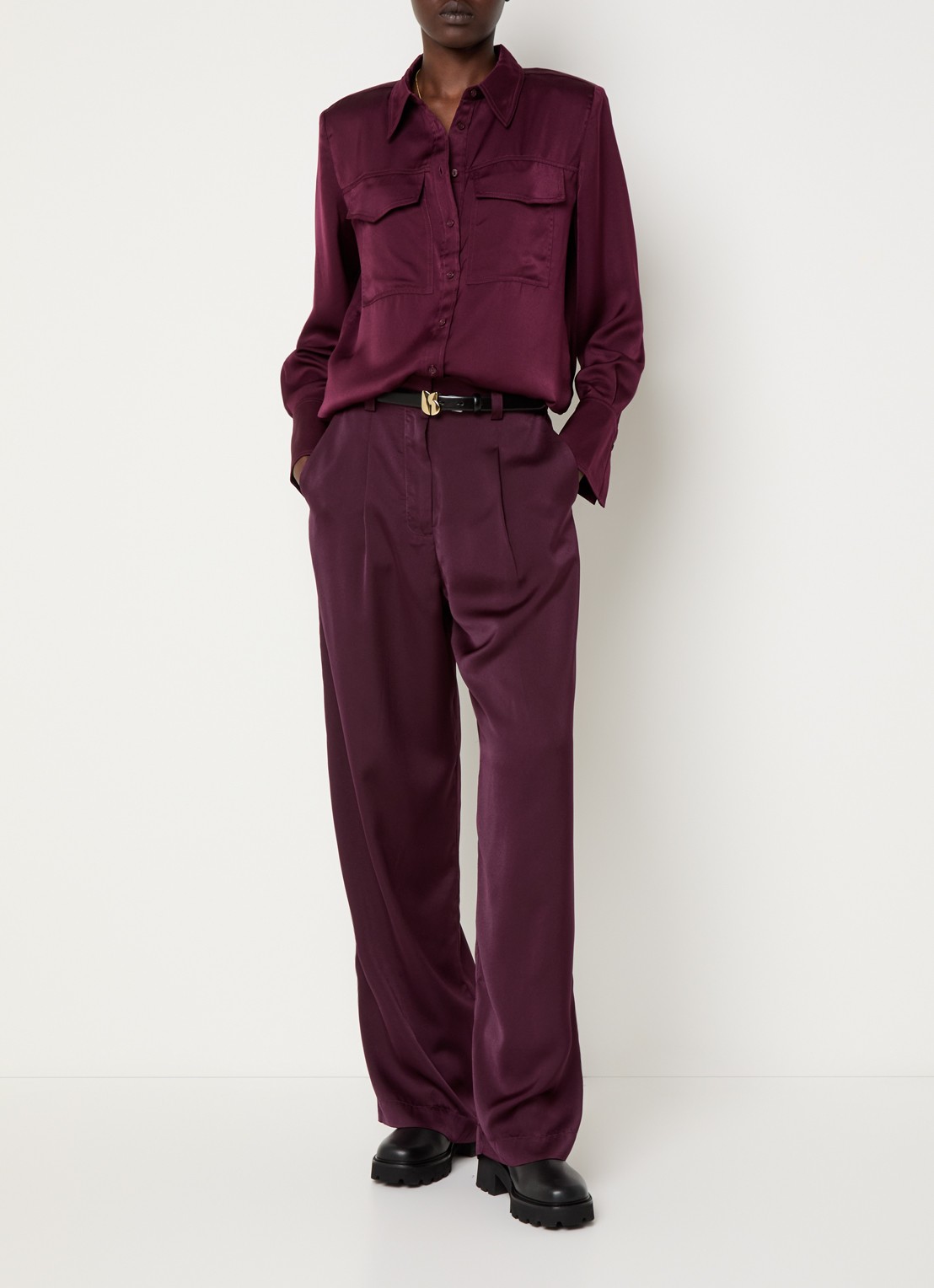 ba&sh High waist loose fit pantalon van satijn - voorkant 4 bordeauxrood