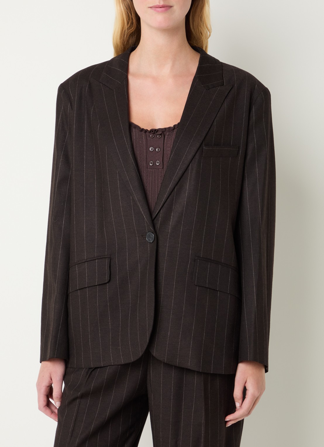 ba&sh Hocee blazer in wolblend met streepprint en klepzakken - detail 4 donkerbruin