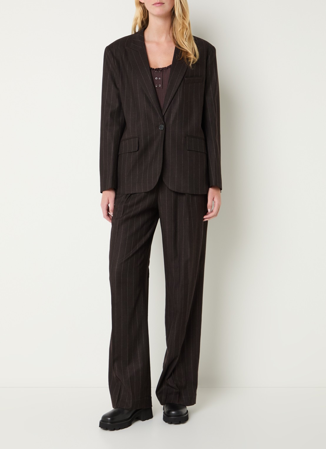 ba&sh Hocee blazer in wolblend met streepprint en klepzakken - voorkant 2 donkerbruin