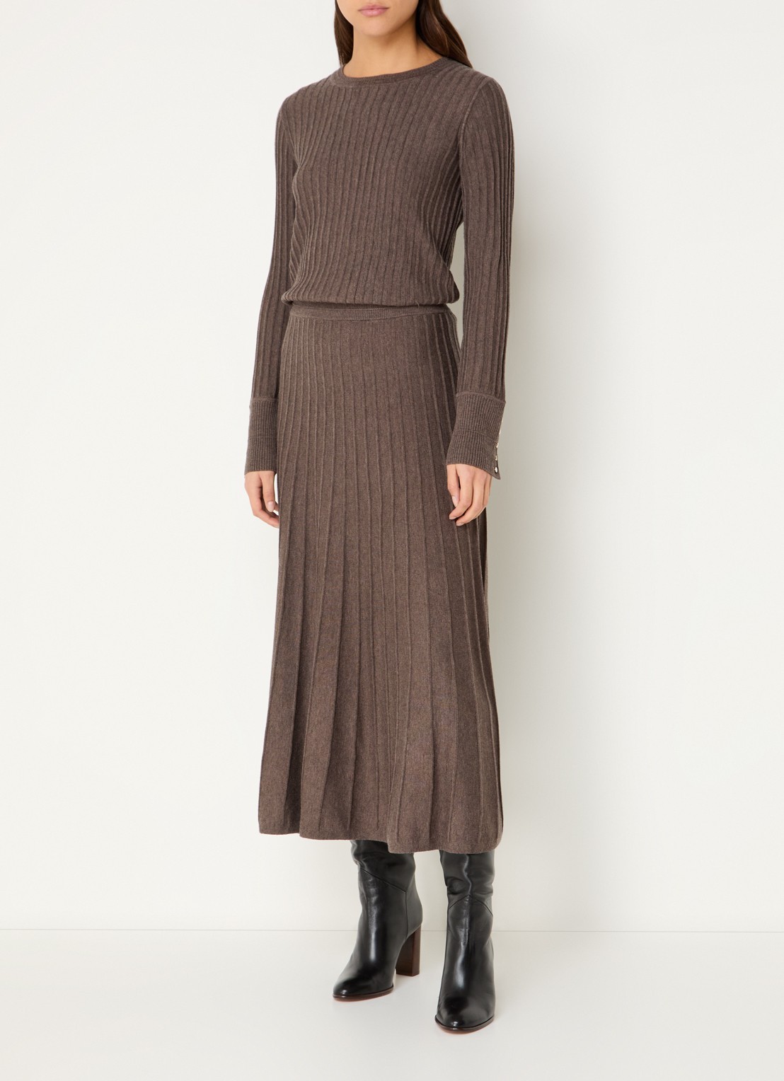 ba&sh Jada ribgebreide midi rok in wolblend - voorkant 2 chocoladebruin