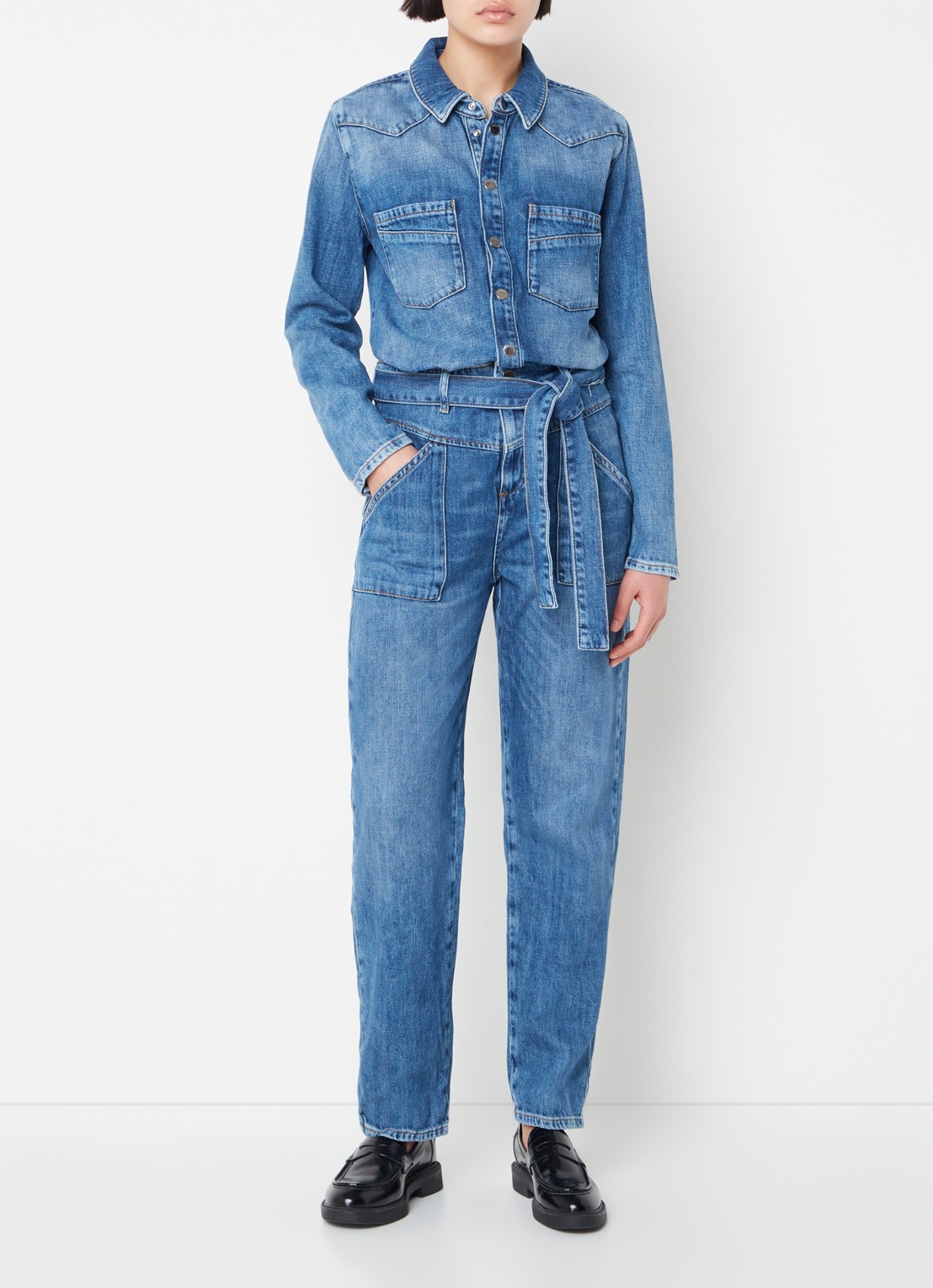 ba&sh Jerry tapered fit jumpsuit van denim met strikceintuur - detail 2 indigo