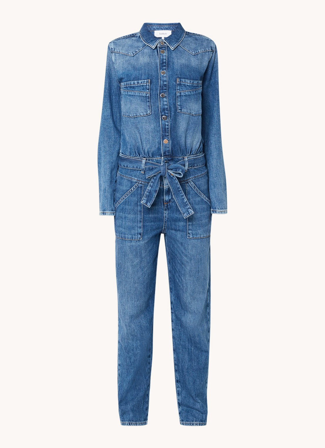ba&sh Jerry tapered fit jumpsuit van denim met strikceintuur - voorkant 3 indigo