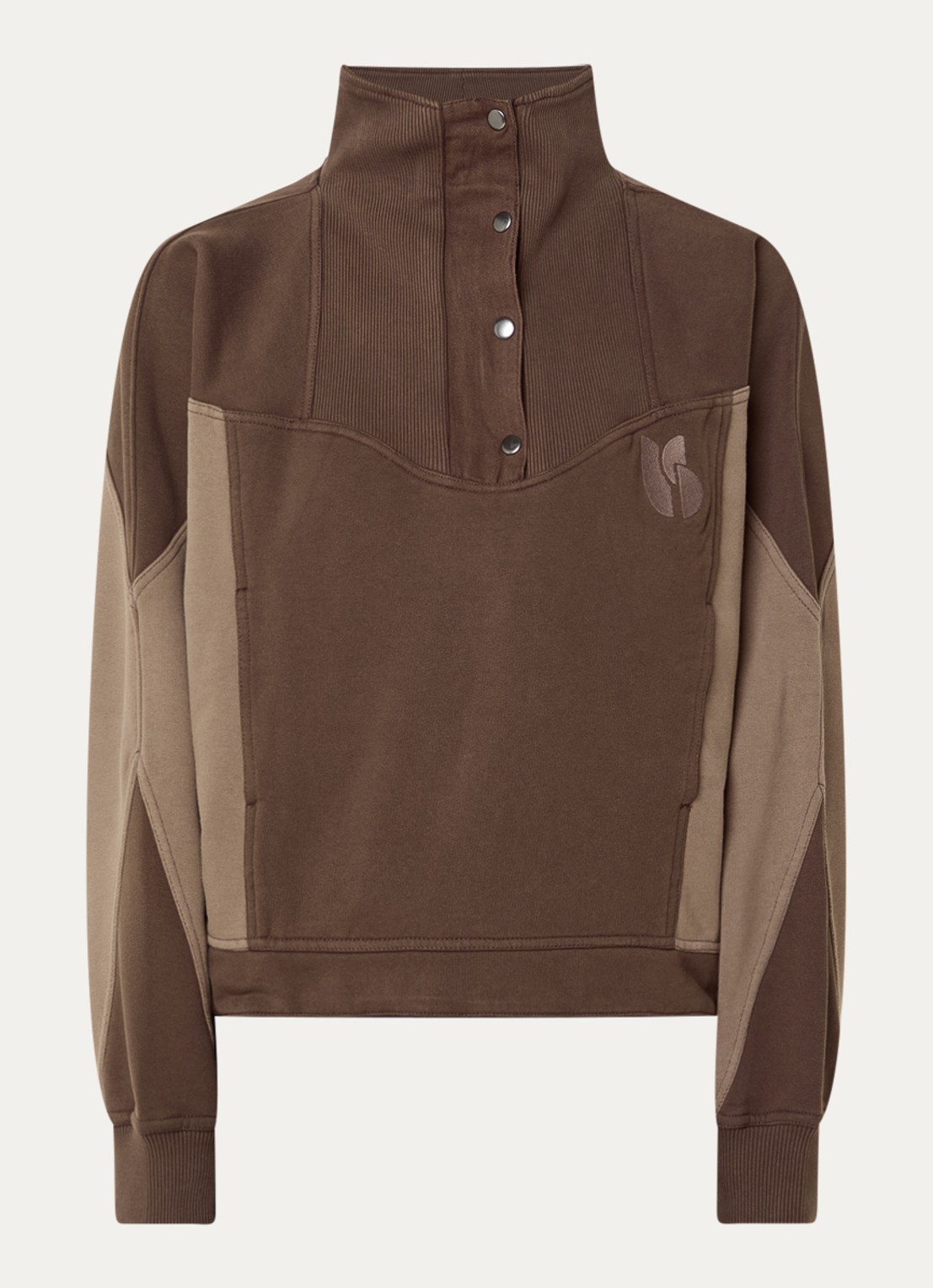 ba&sh Jessy sweater met steekzakken en logoborduring - voorkant 3 chocoladebruin