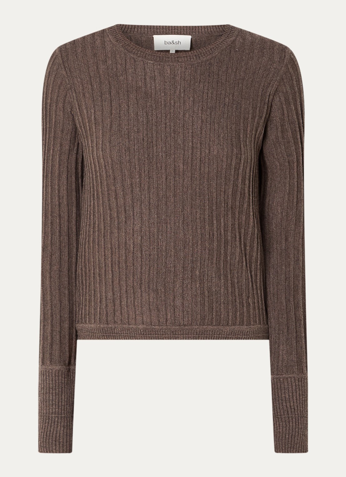 ba&sh Jinie ribgebreide longsleeve in wolblend - voorkant chocoladebruin