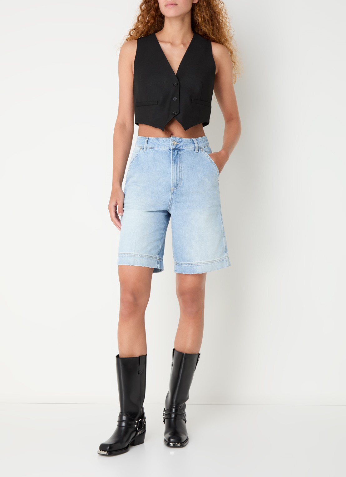 ba&sh Jodd high waist loose fit korte broek van denim met lichte wassing - voorkant 4 indigo