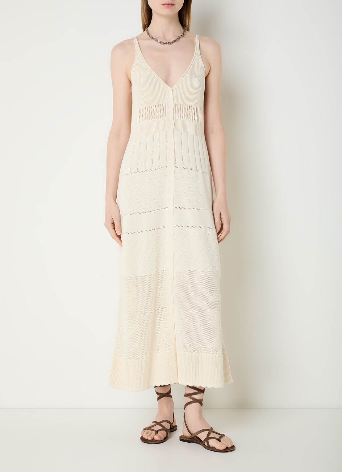 ba&sh Joelle ribgebreide midi jurk met V-hals - detail 4 beige