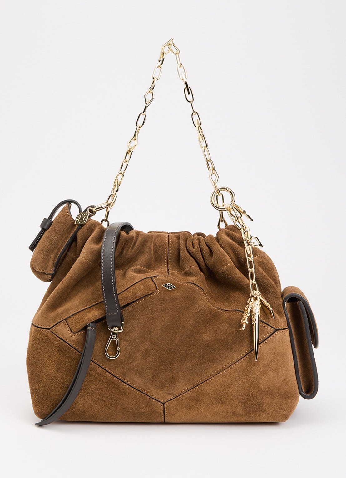 ba&sh June Mini schoudertas van suède met afneembare schouderriem - voorkant 5 cognac