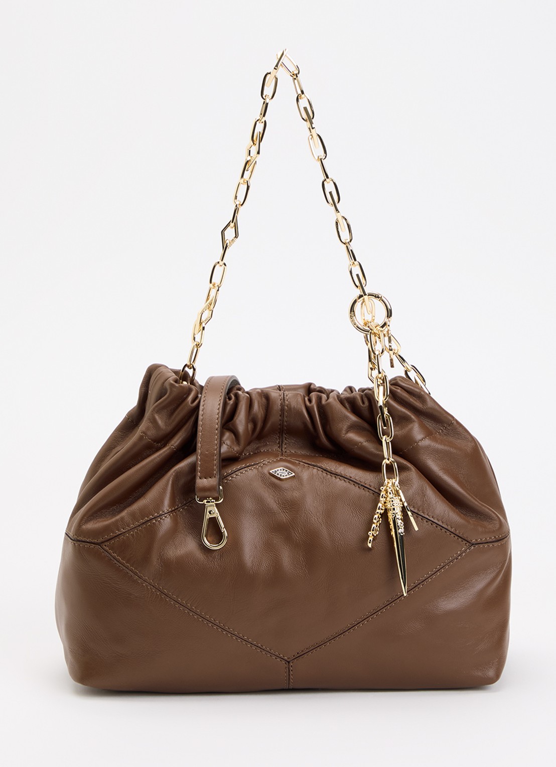 ba&sh June schoudertas van leer met tasbedel - voorkant 5 bruin