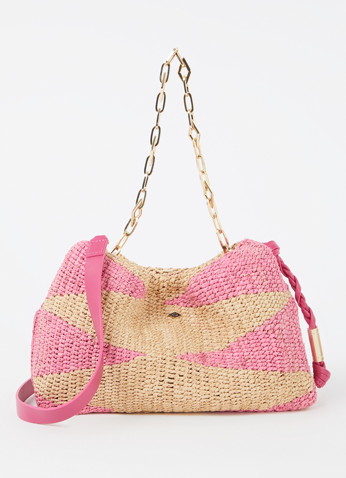 ba&sh June schoudertas van raffia met leren details - voorkant roze