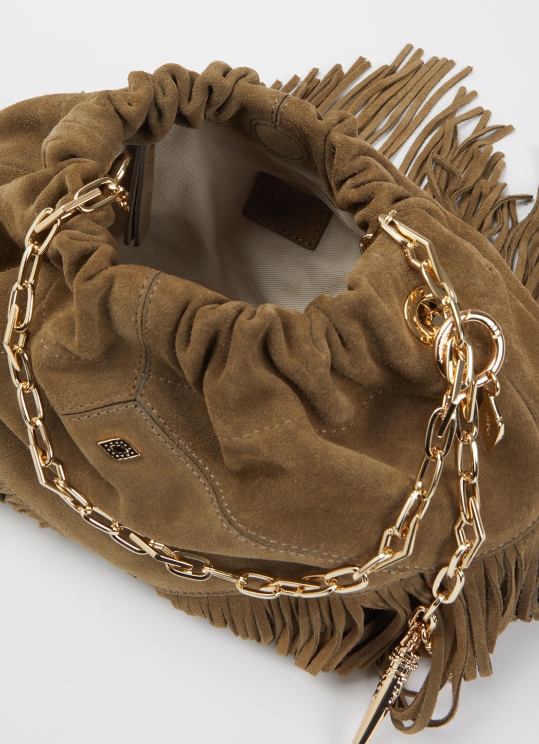 ba&sh June schoudertas van suède met franjes en afneembare schouderriem - detail khaki