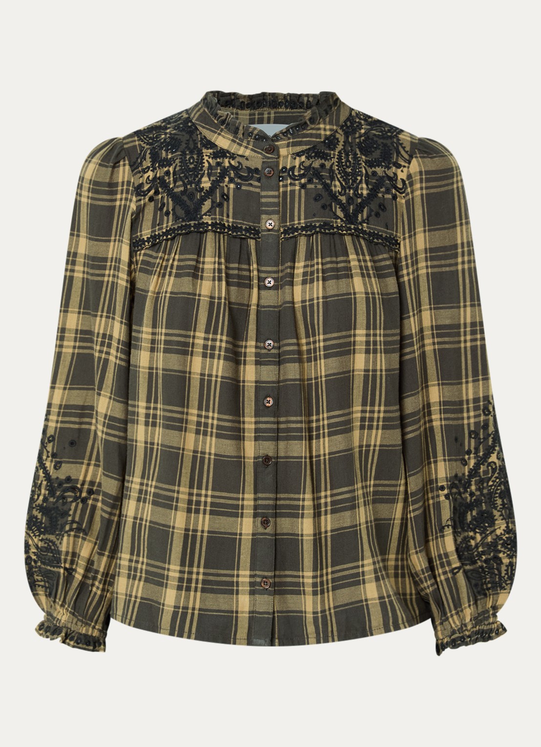 ba&sh Kaela blouse met ruitdessin - voorkant 3 bronsgroen