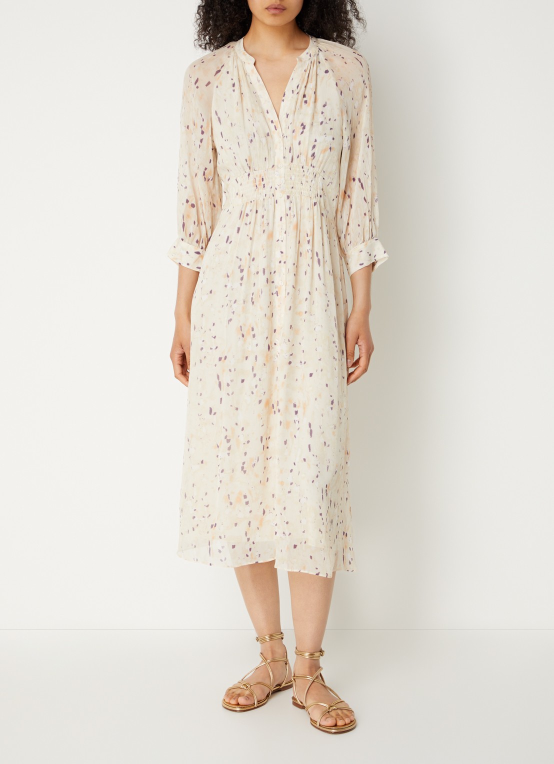 ba&sh Karla midi blousejurk met print - detail 4 beige