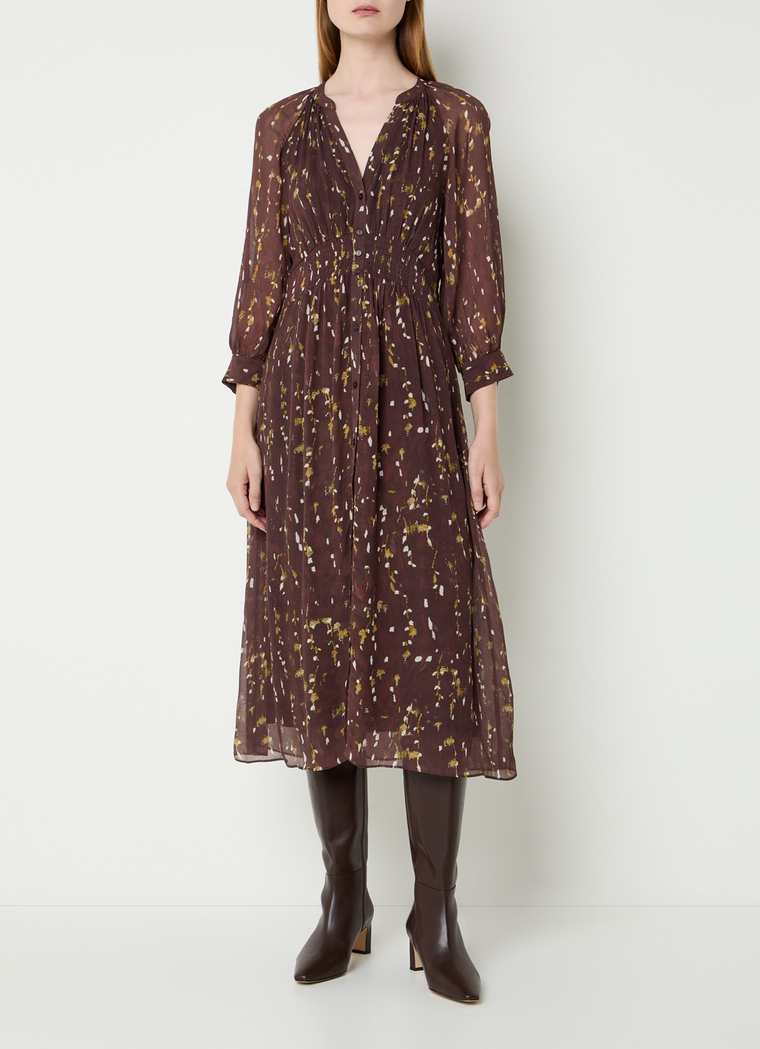 ba&sh Karla midi blousejurk met print - detail 4 bruin