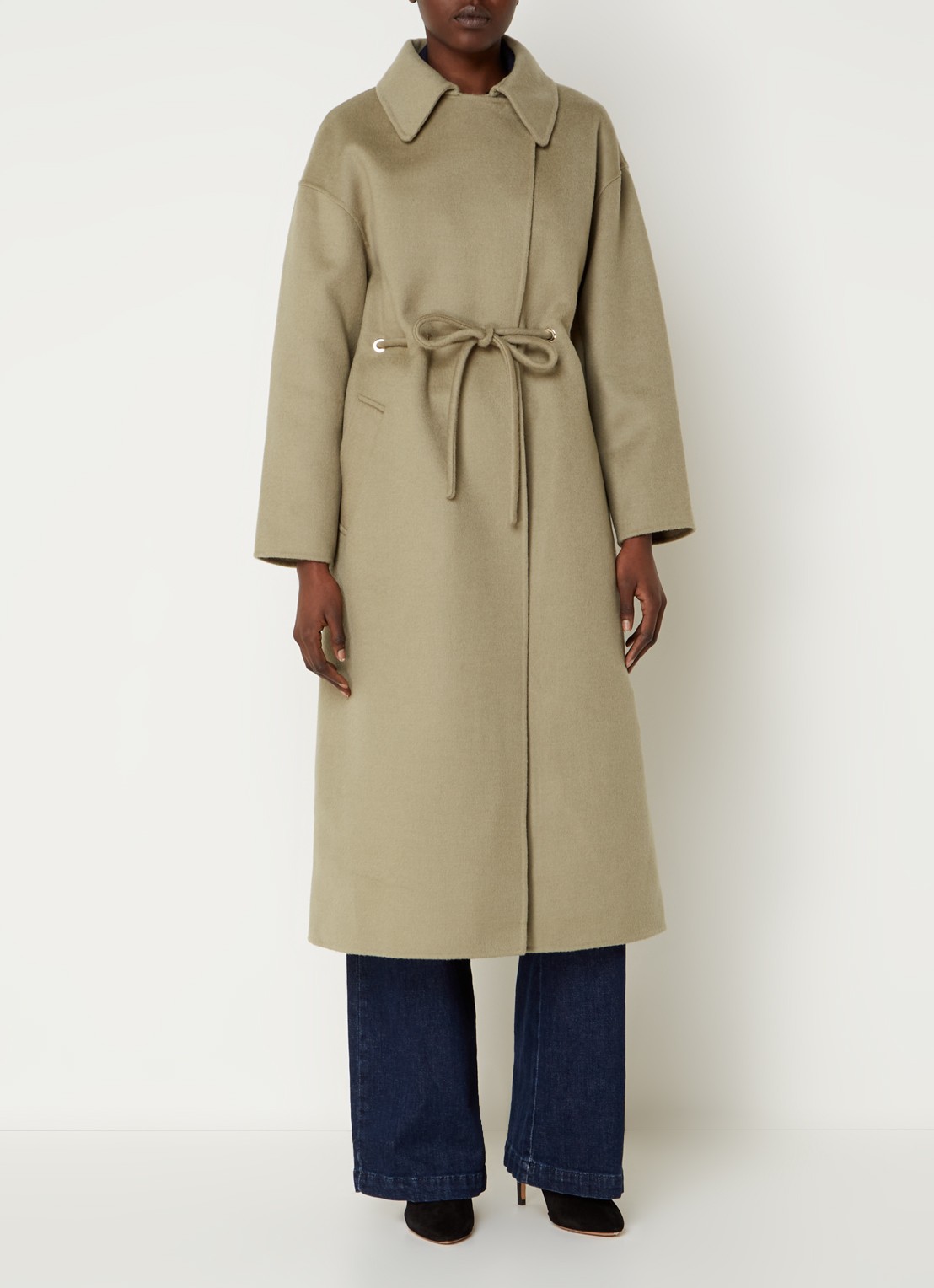 ba&sh Kate mantel van wol met strikceintuur - detail 4 khaki