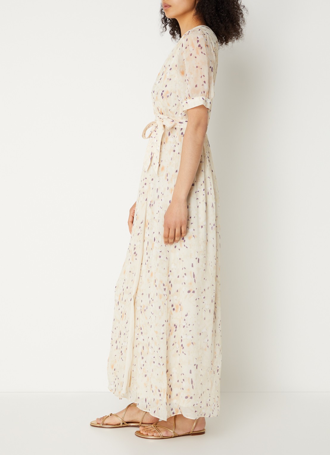 ba&sh Kris maxi wikkeljurk met print - voorkant 2 beige