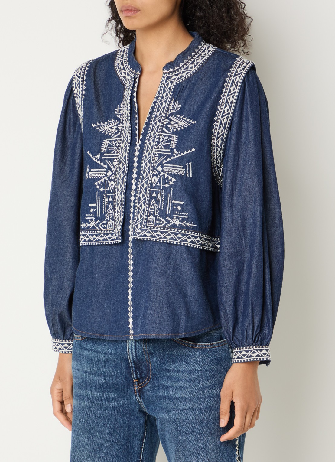 ba&sh Laura tuniek van denim met borduring - detail indigo