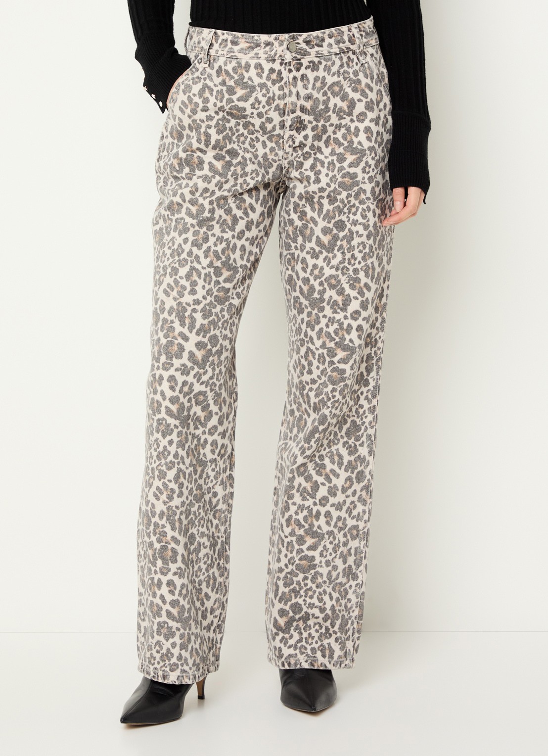 ba&sh Leonie high waist loose fit jeans met panterprint - detail 2 beige