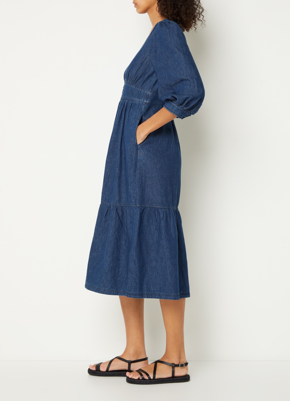 ba&sh Limi midi blousejurk van chambray - voorkant 3 indigo