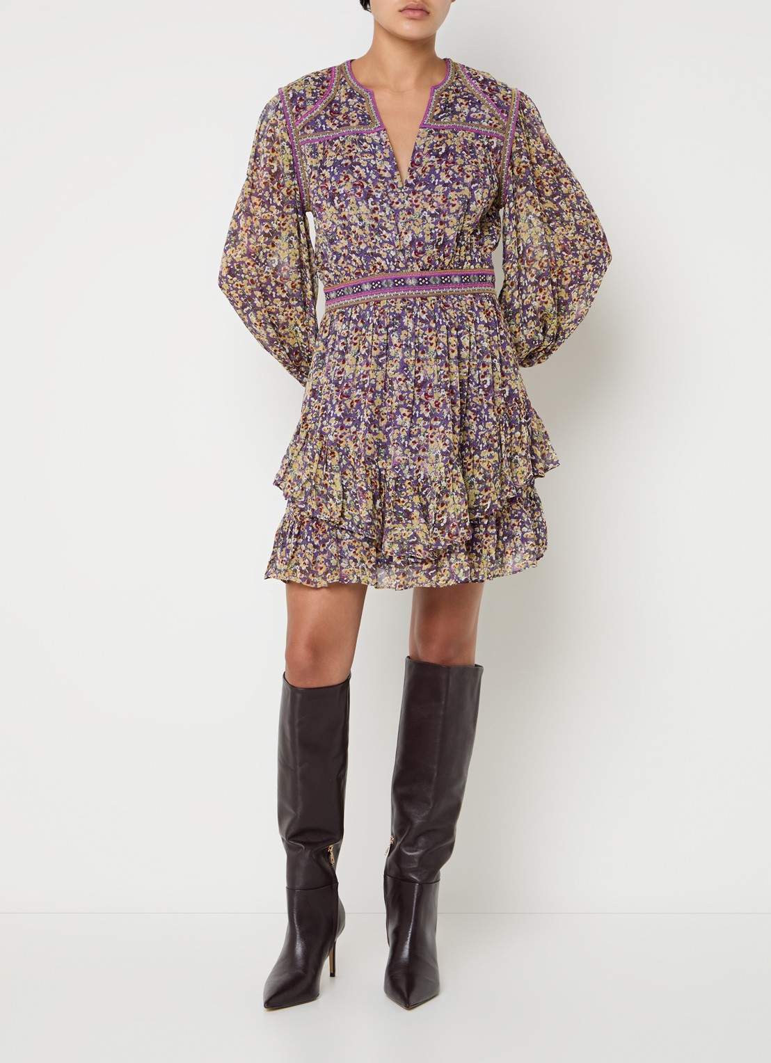 ba&sh Loly semi-transparante mini tuniekjurk met bloemenprint - voorkant 4 paars